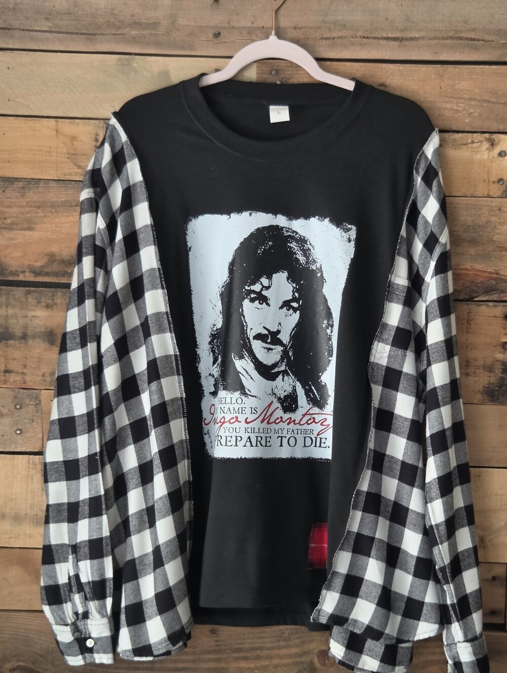Upcycled Black Graphic Tee with Black-and-White Plaid Sleeve - Picture 1 of 7